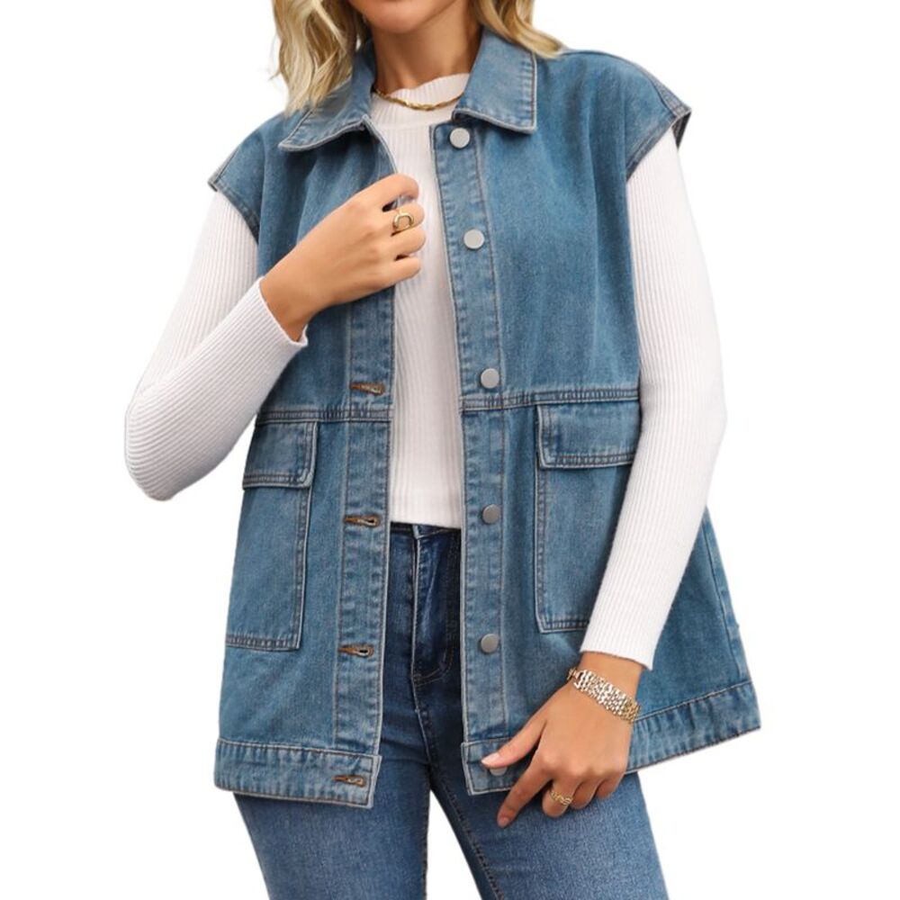 Womens Oversized Denim Utility Sleeveless Button Down Jean Jacket Grey Blue